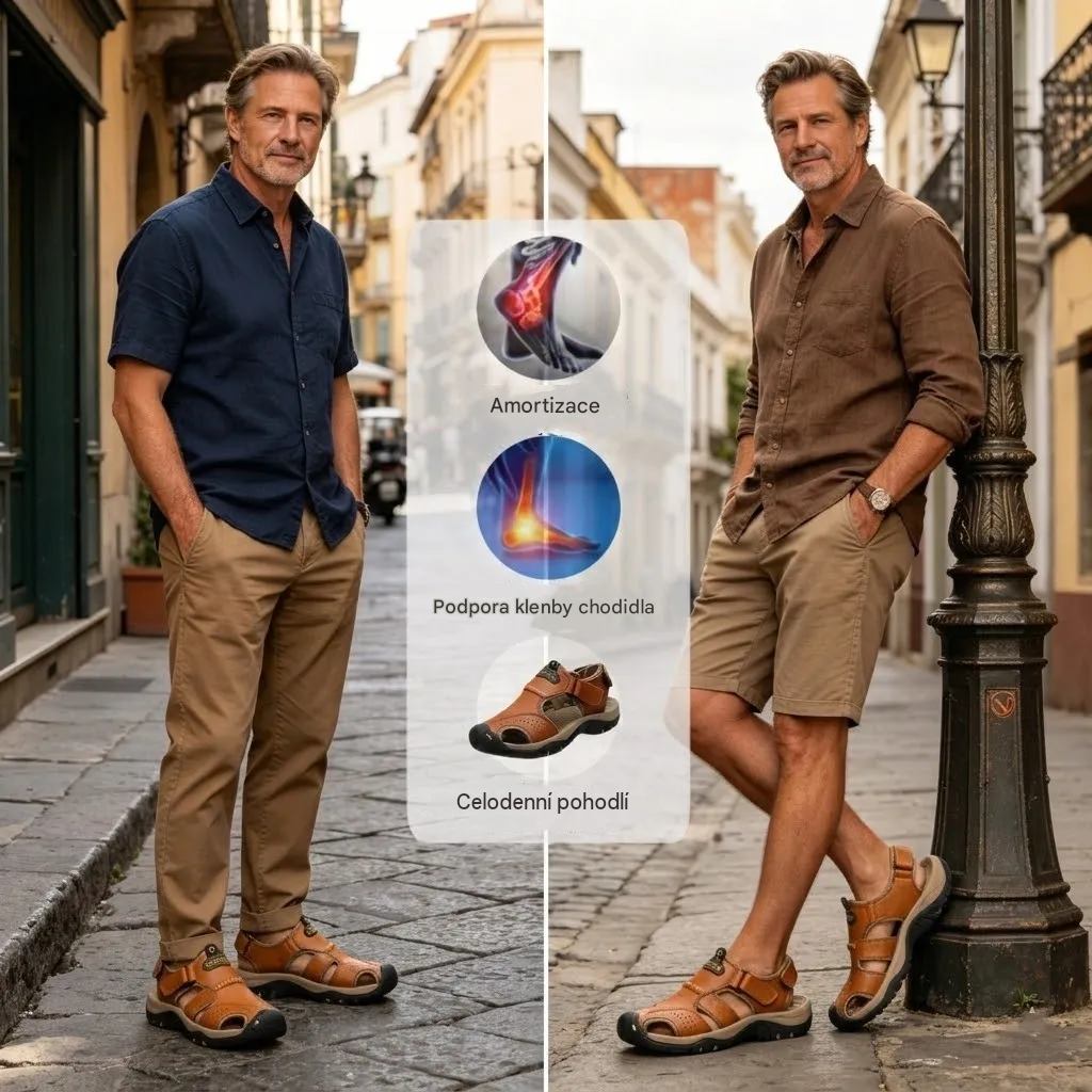 (🔥Letní speciál - Časově omezená sleva 50 %) Klasické letní pánské ortopedické sandály, které kombinují oporu a prodyšnost✅ Snižují tlak při chůzi, takže chůze je snazší a pohodlnější.