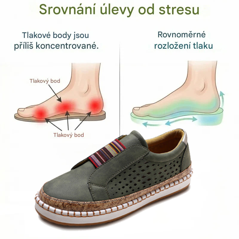 Pohodlná ortopedická obuv – s podporou klenby, zmírňuje bolest; prodyšná.